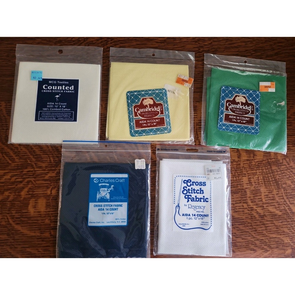 Lot 5/Cross Stitch Fabric Aida  14 Count 12x18 100% Cotton White Black Green Etc